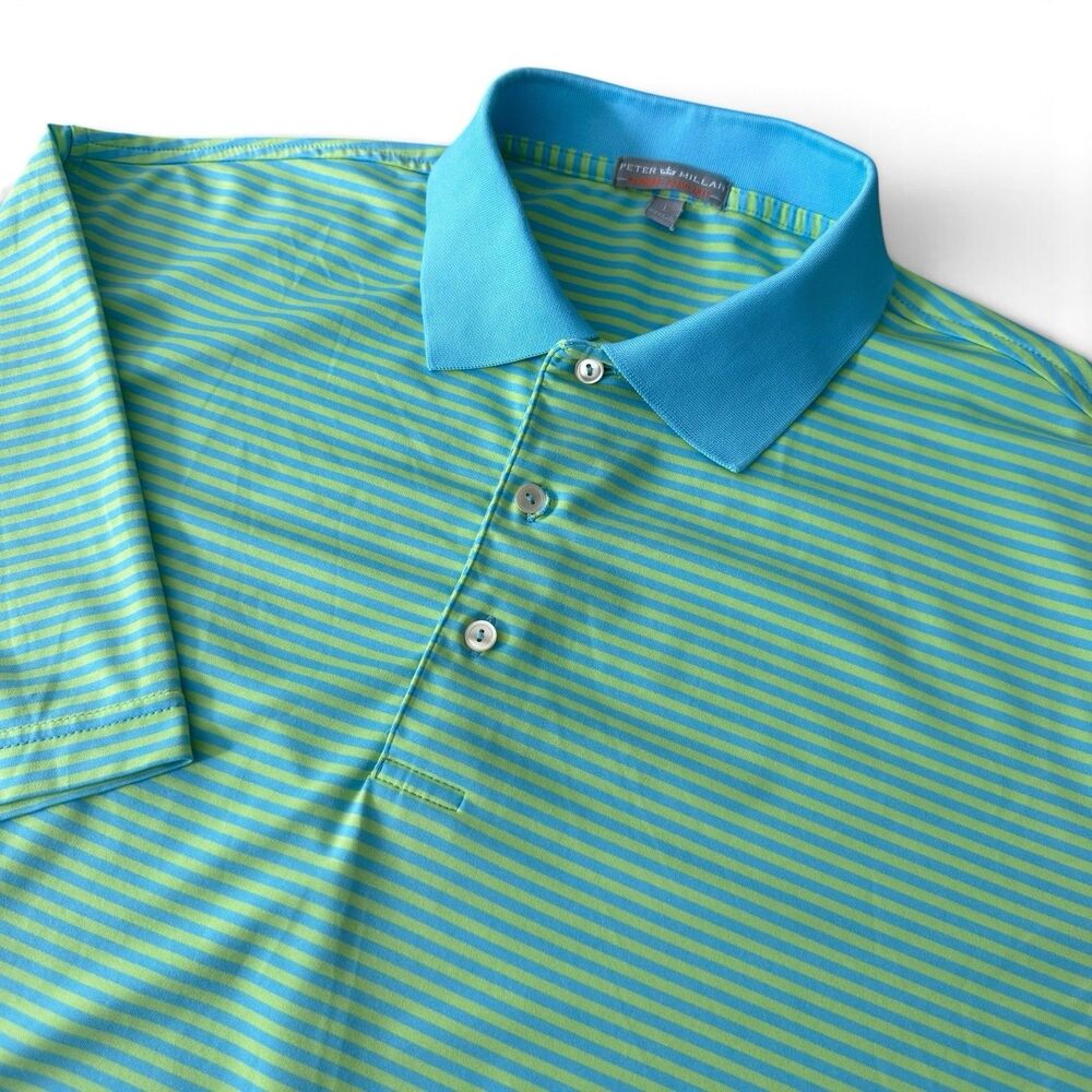 Peter Millar Summer Comfort Golf Polo Men L Green Striped Blue Trim Performance